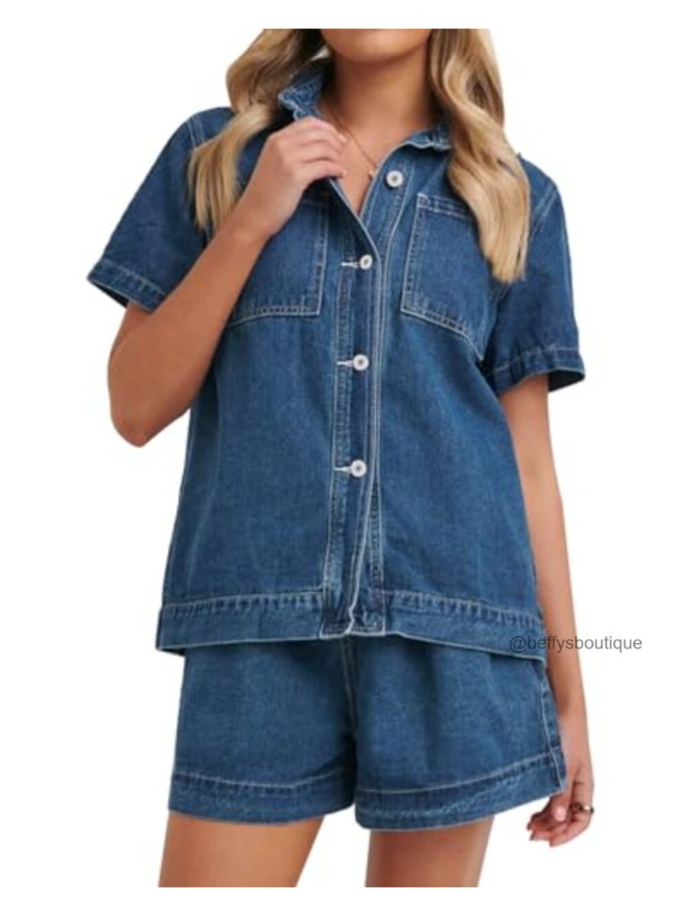Denim 2-Piece Boxy Button-Up Shirt & Shorts Lounge Set
